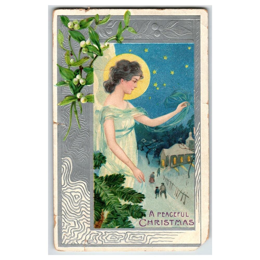 Vintage Christmas Postcard 1907 Angel Mistletoe Embossed Silver Border Oregon